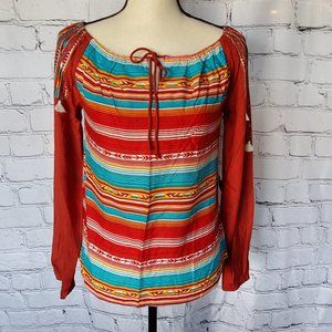 Panhandle Long Sleeve Multicolor Southwestern/Aztec Stripe Print Blouse Small